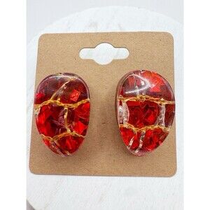 Vintage Confetti Lucite Clip On Earrings Teardrop Red Gold Silver Retro Glam